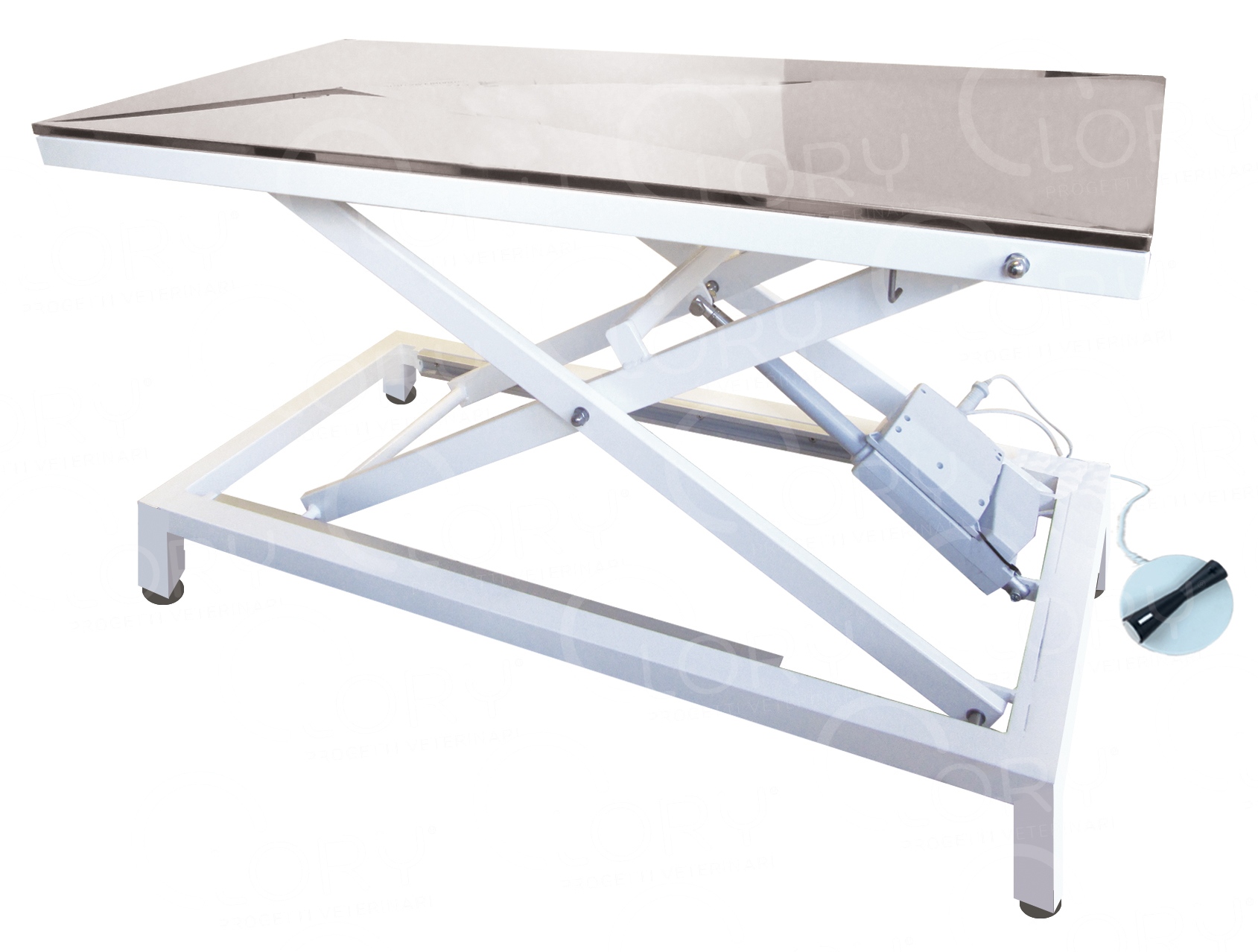 Electric veterinary examination table with height adjustment by foot pedal, AISI 304 stainless steel frame and liquid collection tray. Ideal for professional veterinary clinics and practices.