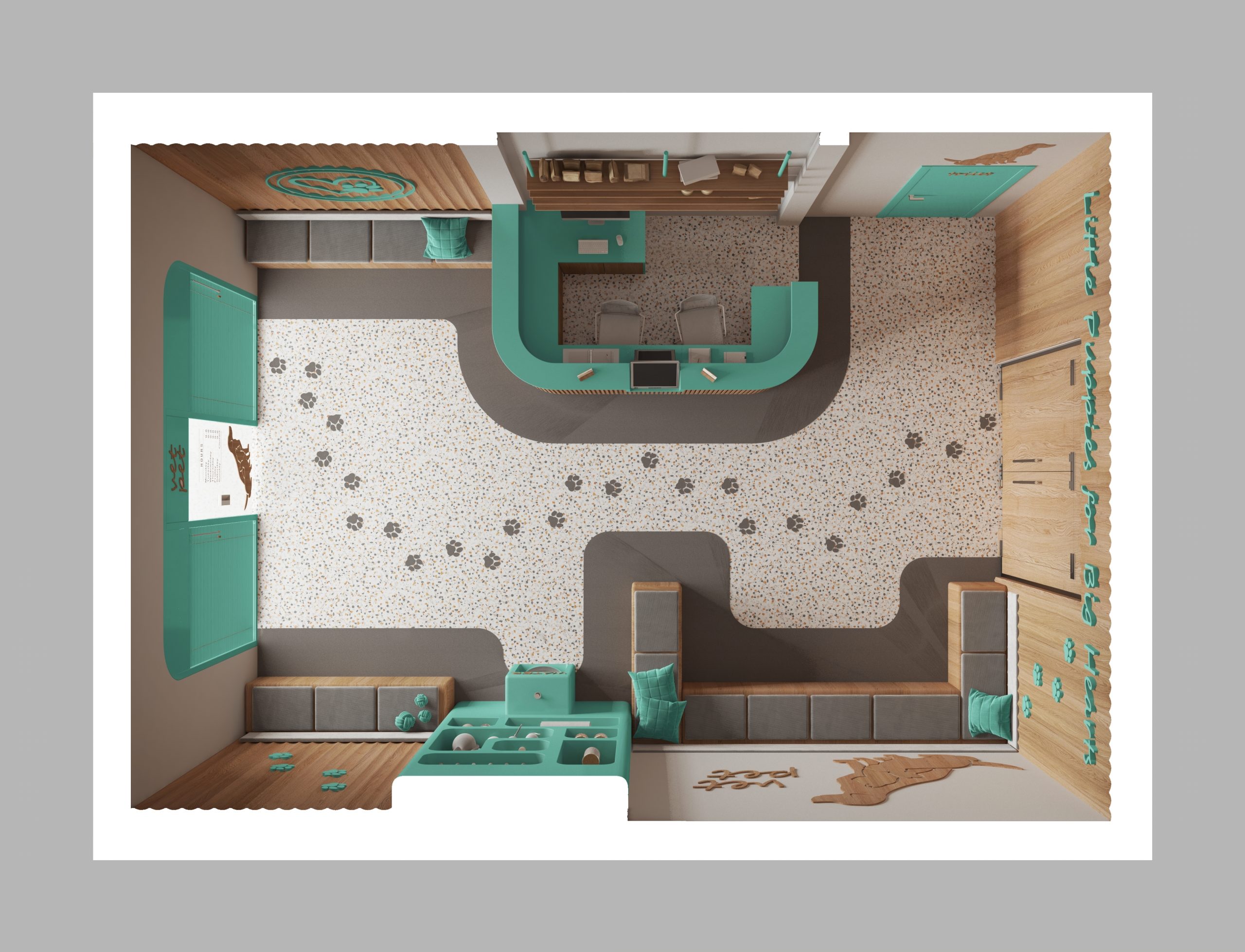 Veterinary,Clinic,Interior,Design,In,Turquoise,And,Wooden,Tones.,Sitting